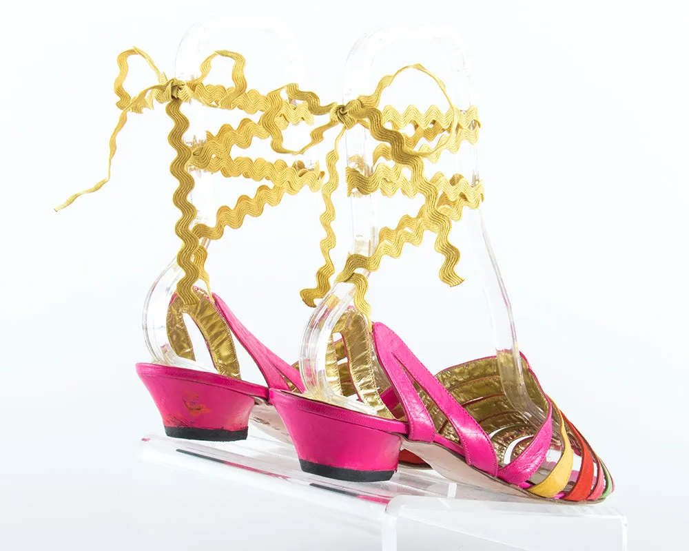 1980s Striped Leather and Suede Lace-Up Sandals | size US 10
