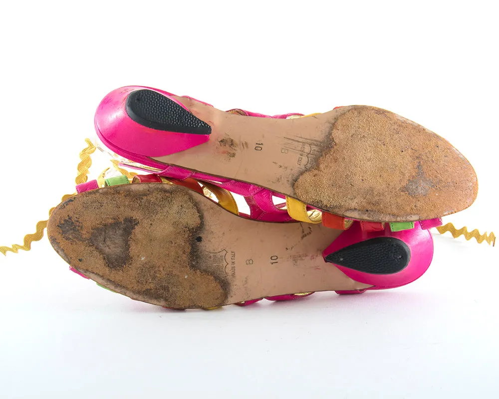 1980s Striped Leather and Suede Lace-Up Sandals | size US 10