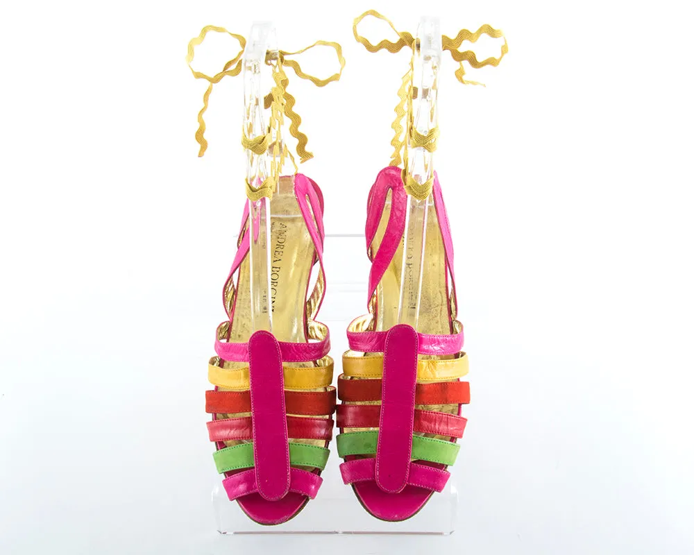 1980s Striped Leather and Suede Lace-Up Sandals | size US 10