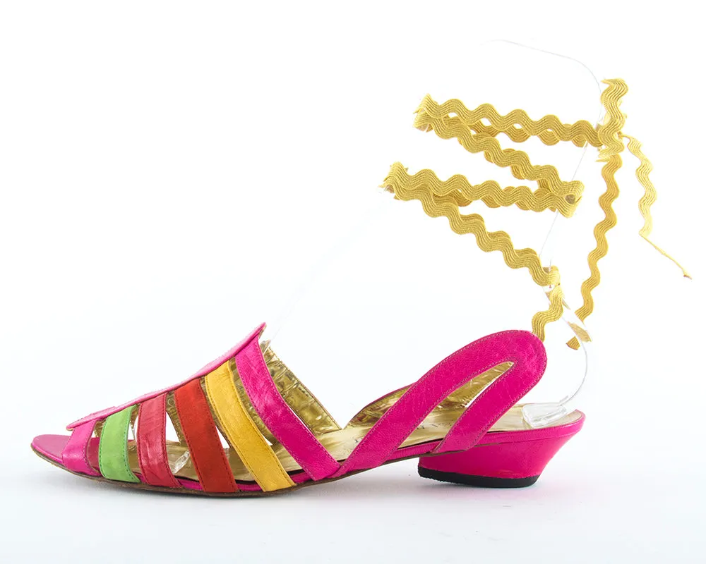 1980s Striped Leather and Suede Lace-Up Sandals | size US 10