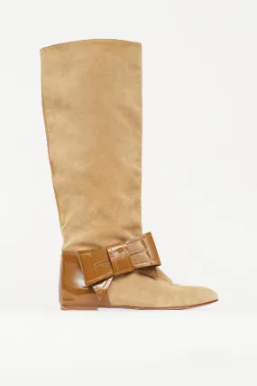 Beige & Brown Suede Patent Bow Boot