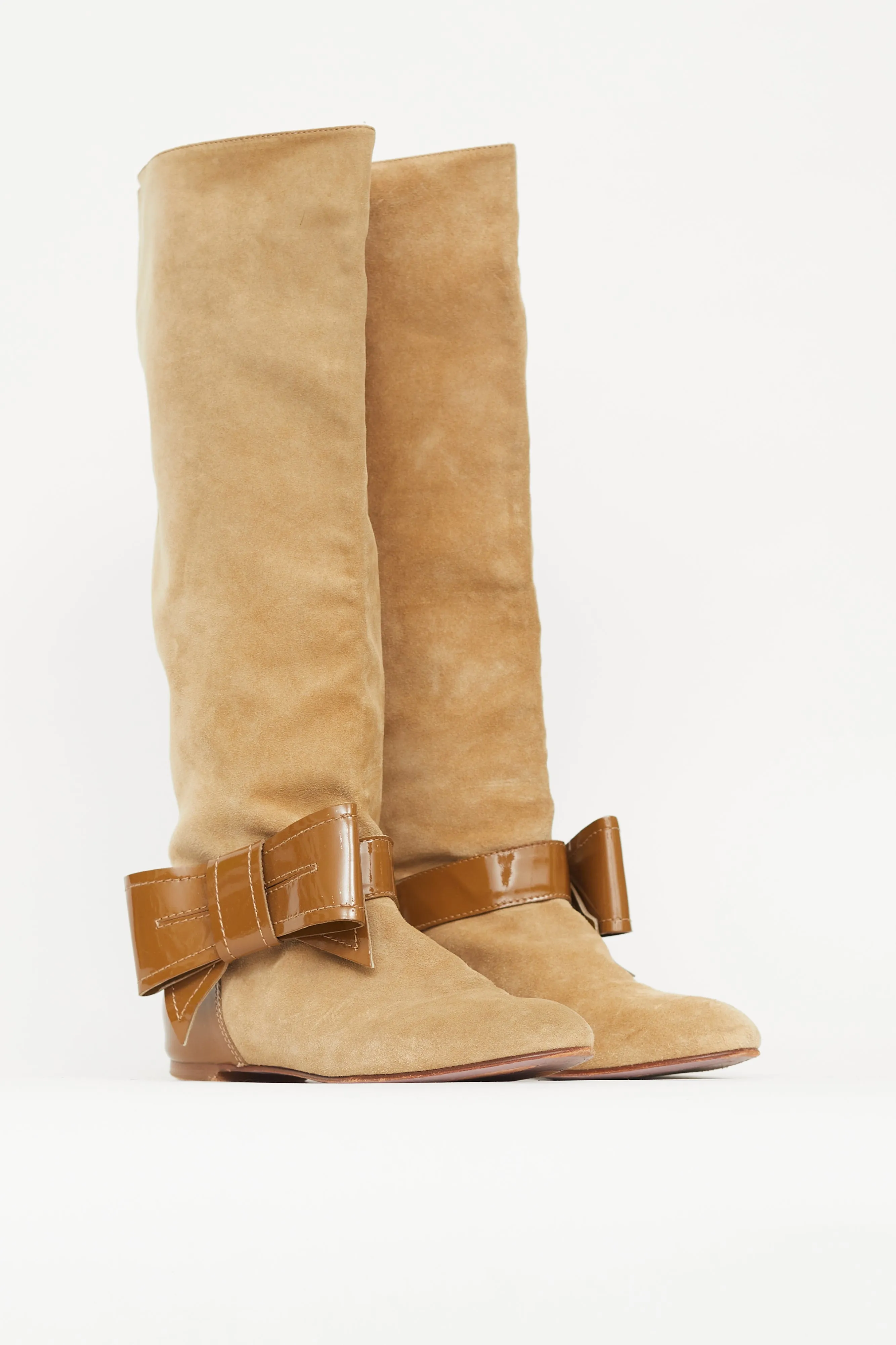 Beige & Brown Suede Patent Bow Boot