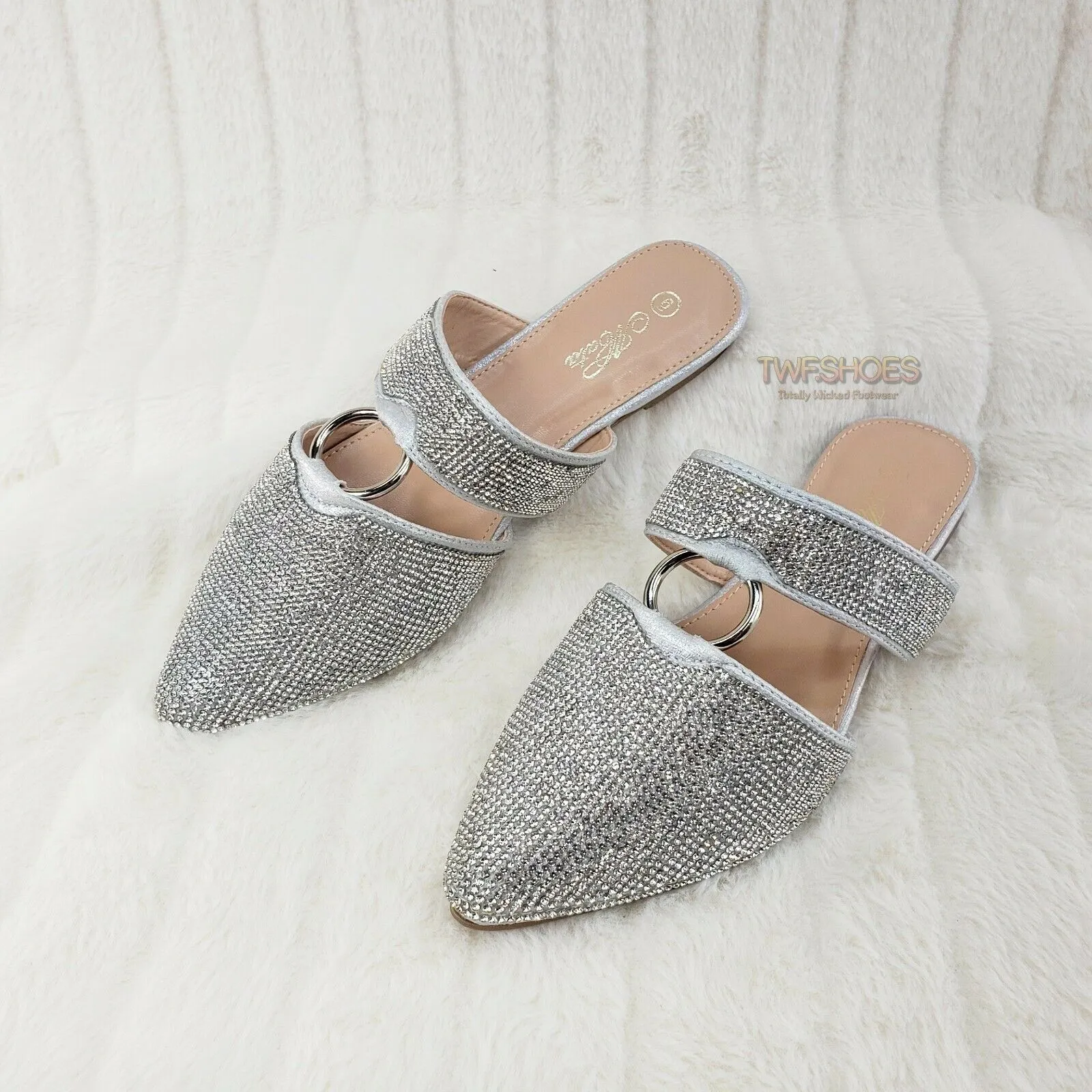 Bella Silver Rhinestone Slip On Smoking Summer Flats Mules Sandals 6-10