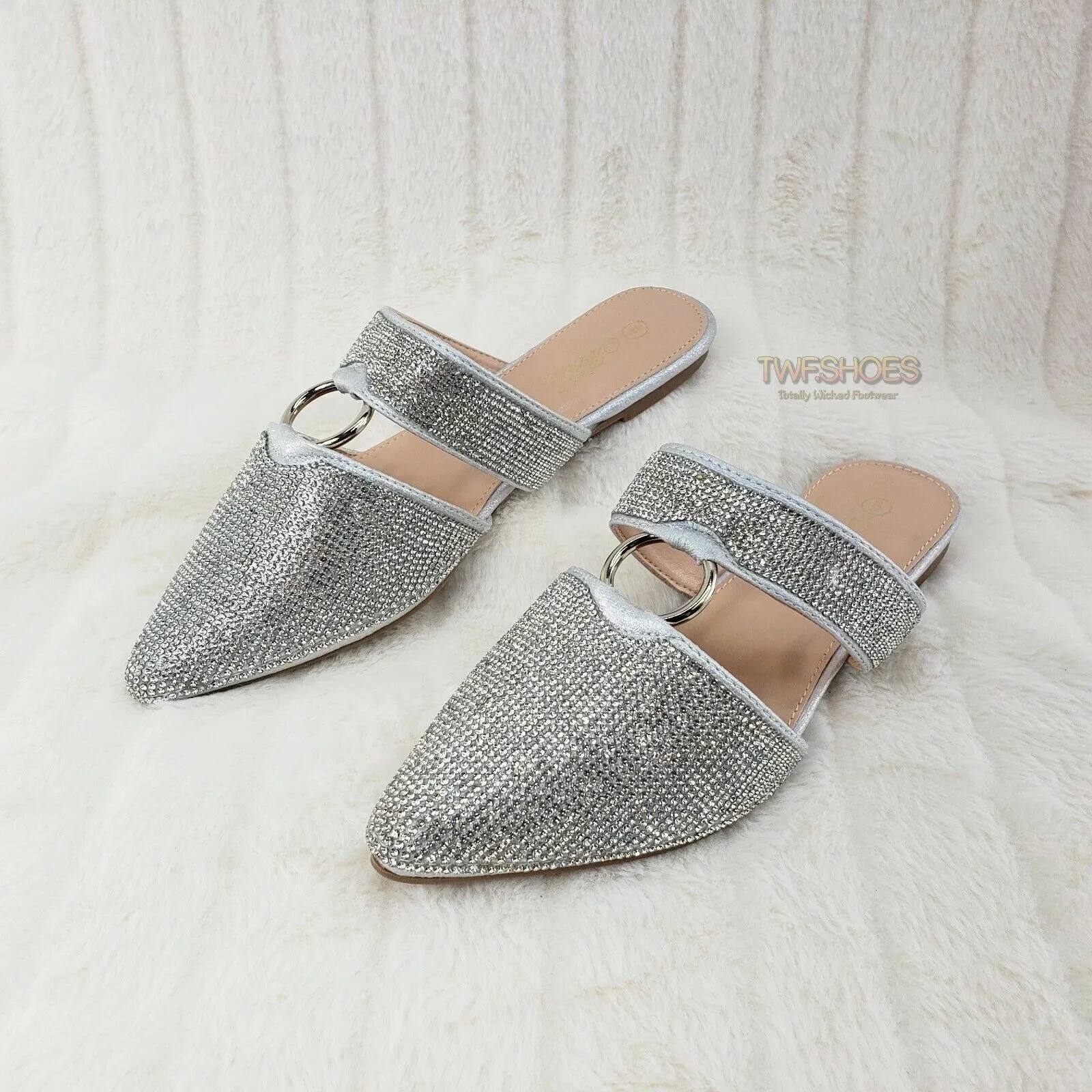 Bella Silver Rhinestone Slip On Smoking Summer Flats Mules Sandals 6-10