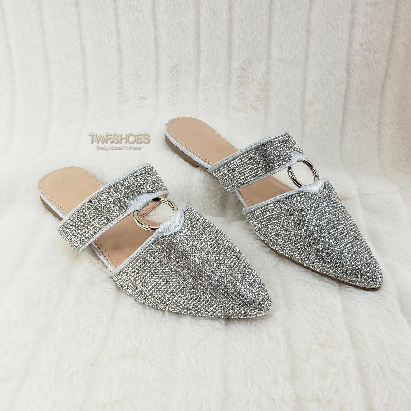 Bella Silver Rhinestone Slip On Smoking Summer Flats Mules Sandals 6-10