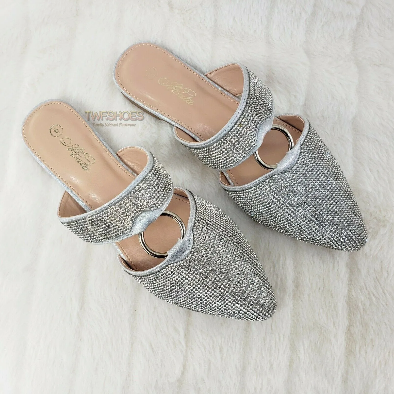 Bella Silver Rhinestone Slip On Smoking Summer Flats Mules Sandals 6-10
