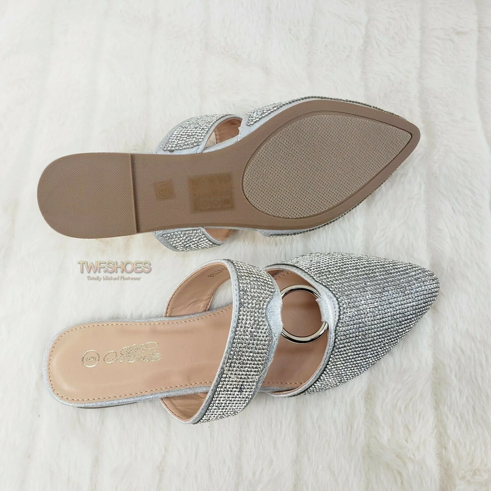 Bella Silver Rhinestone Slip On Smoking Summer Flats Mules Sandals 6-10