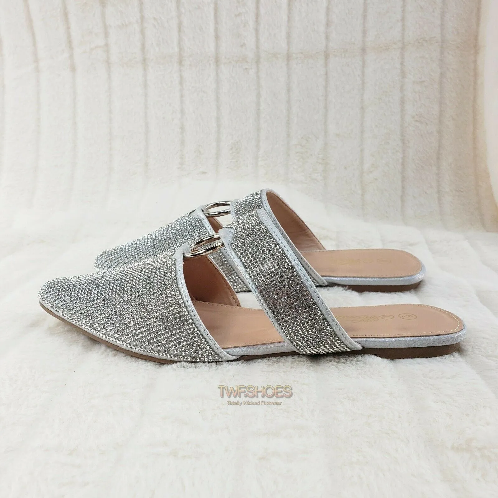 Bella Silver Rhinestone Slip On Smoking Summer Flats Mules Sandals 6-10