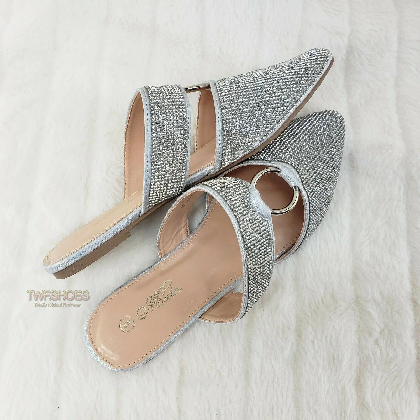 Bella Silver Rhinestone Slip On Smoking Summer Flats Mules Sandals 6-10