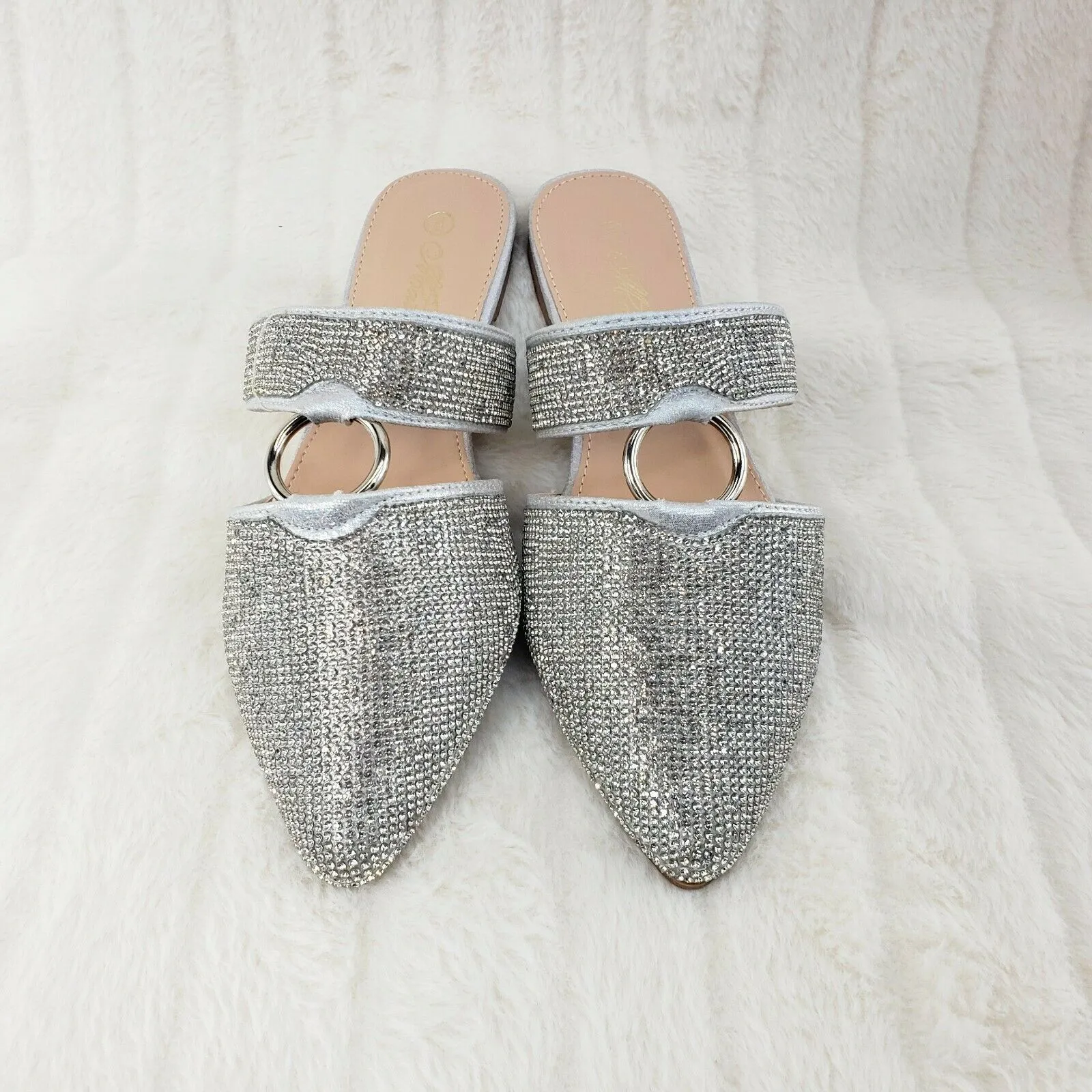 Bella Silver Rhinestone Slip On Smoking Summer Flats Mules Sandals 6-10