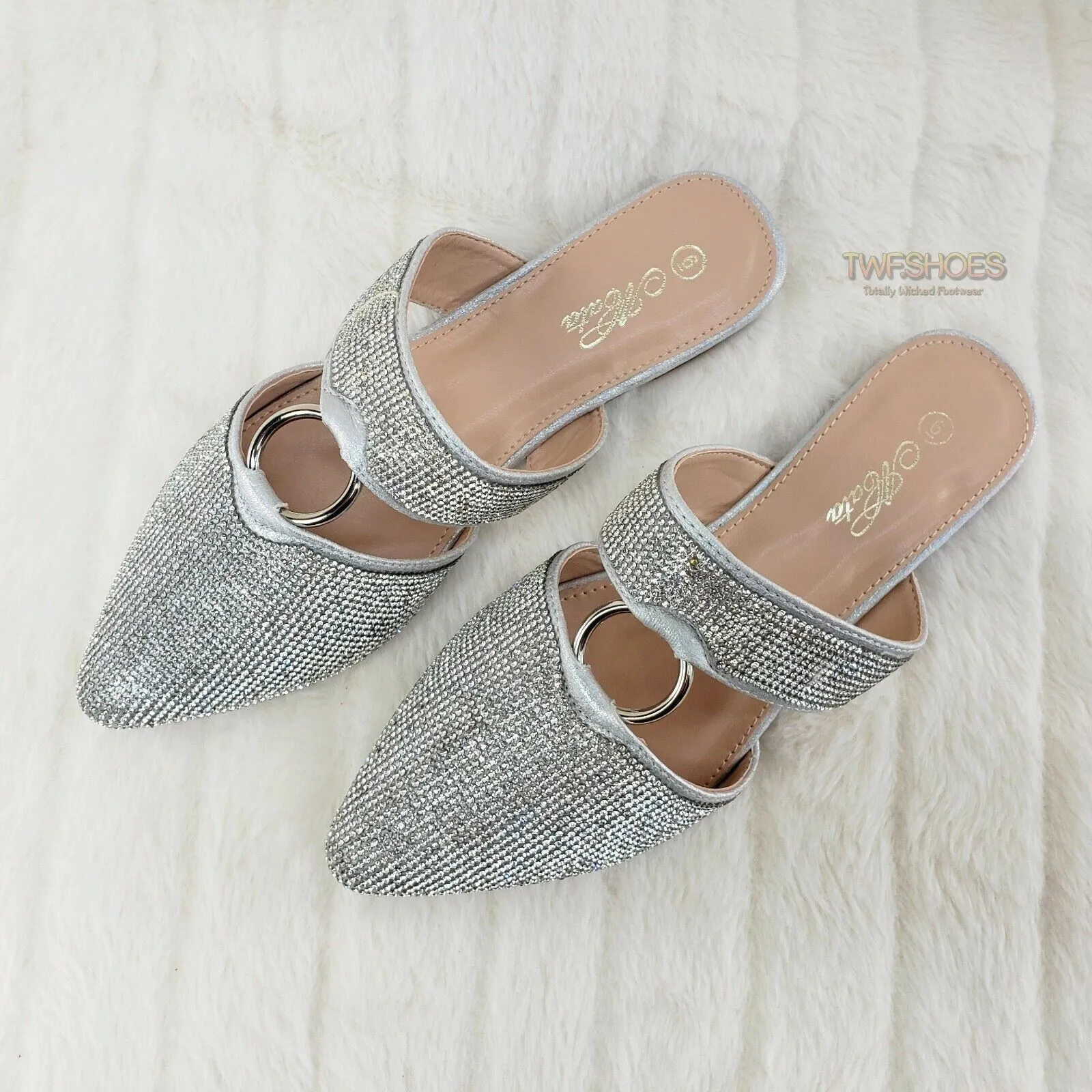Bella Silver Rhinestone Slip On Smoking Summer Flats Mules Sandals 6-10