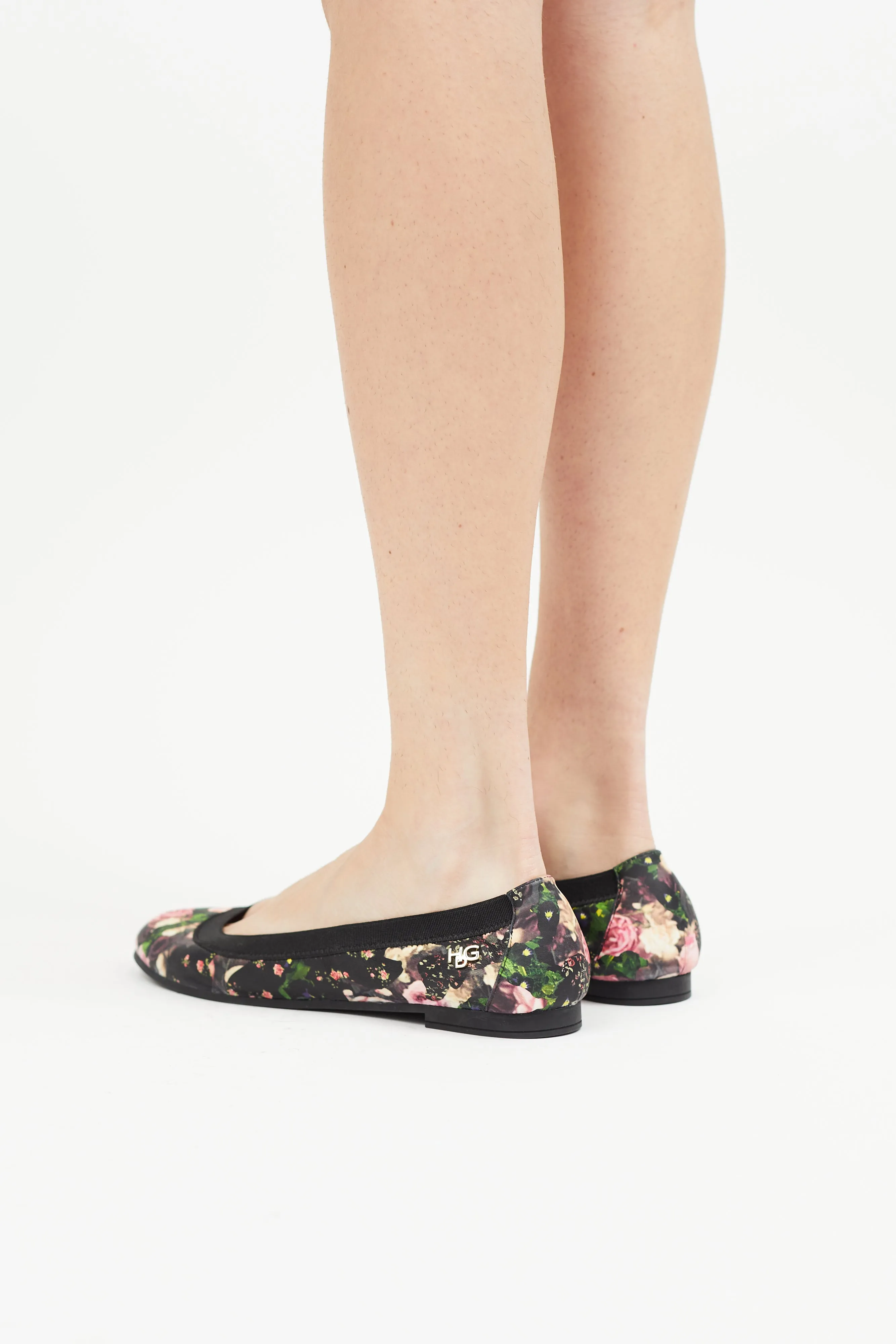 Black & Multicolour Leather Floral Ballet Flat