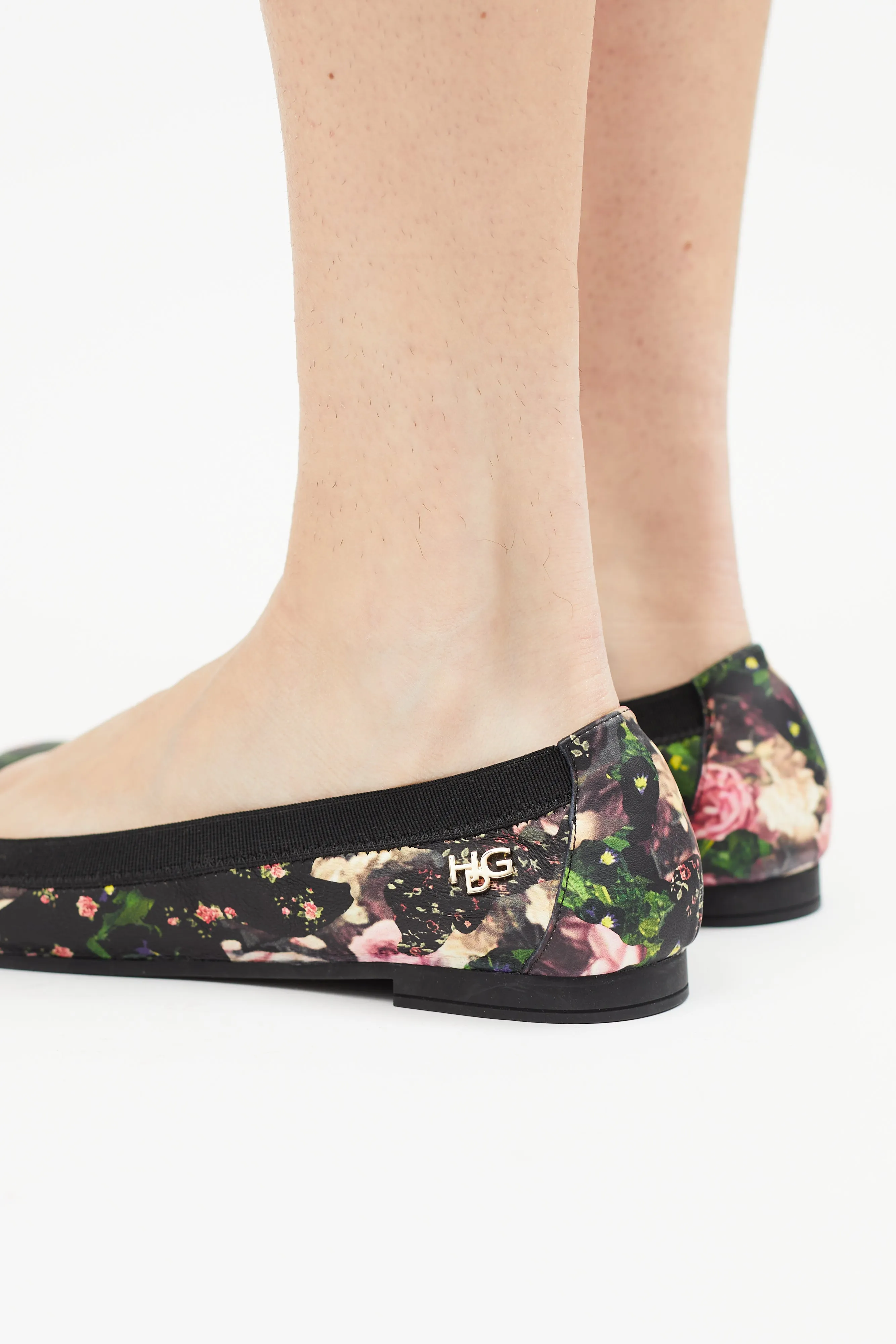 Black & Multicolour Leather Floral Ballet Flat