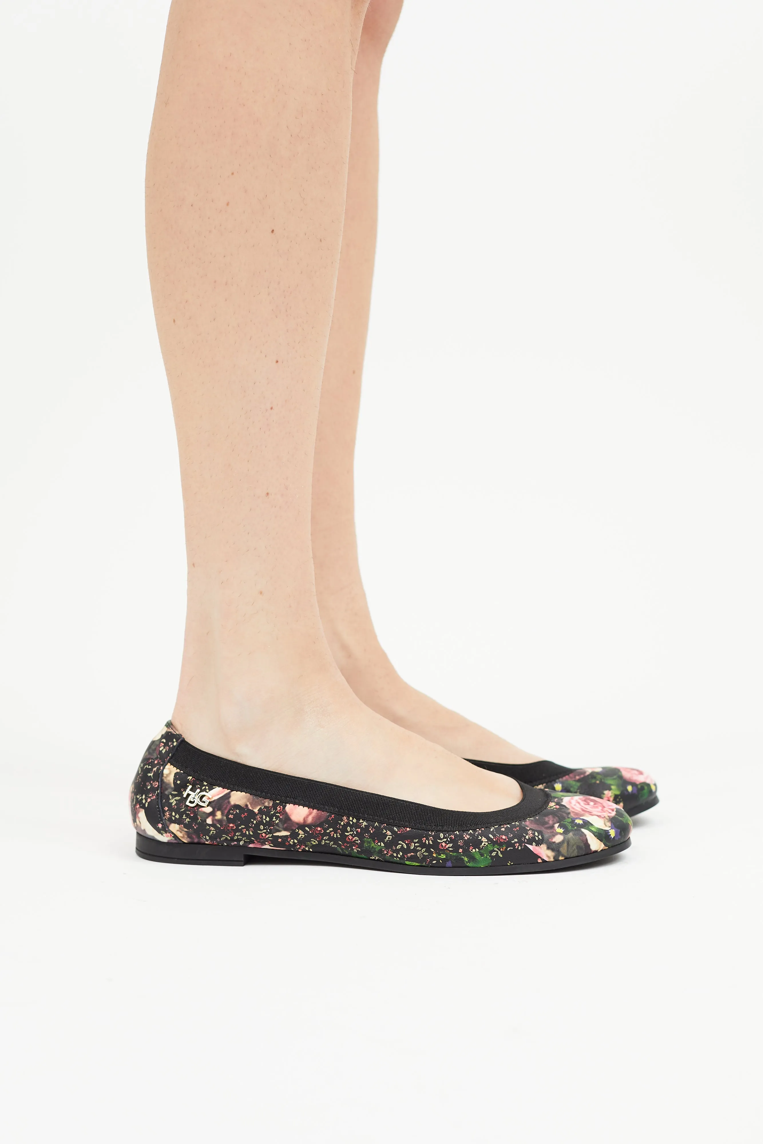 Black & Multicolour Leather Floral Ballet Flat
