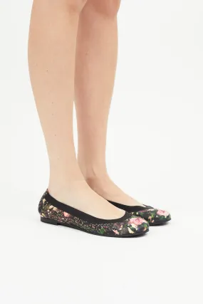 Black & Multicolour Leather Floral Ballet Flat