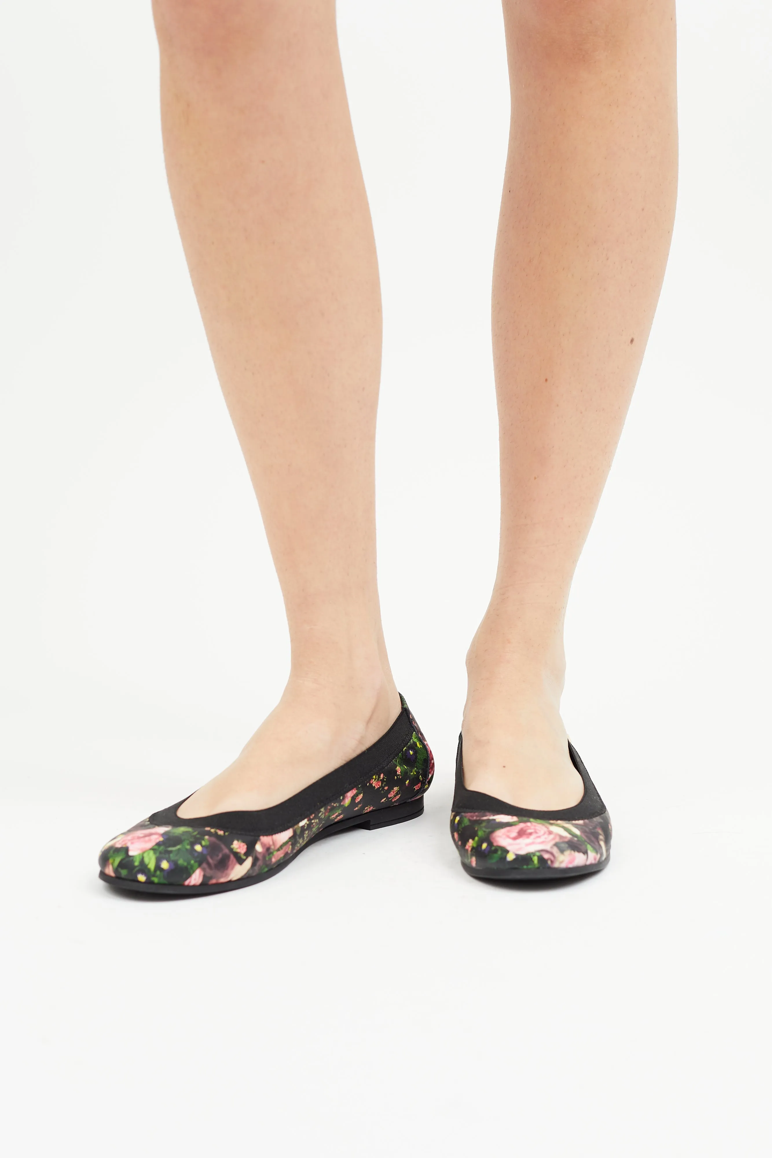 Black & Multicolour Leather Floral Ballet Flat