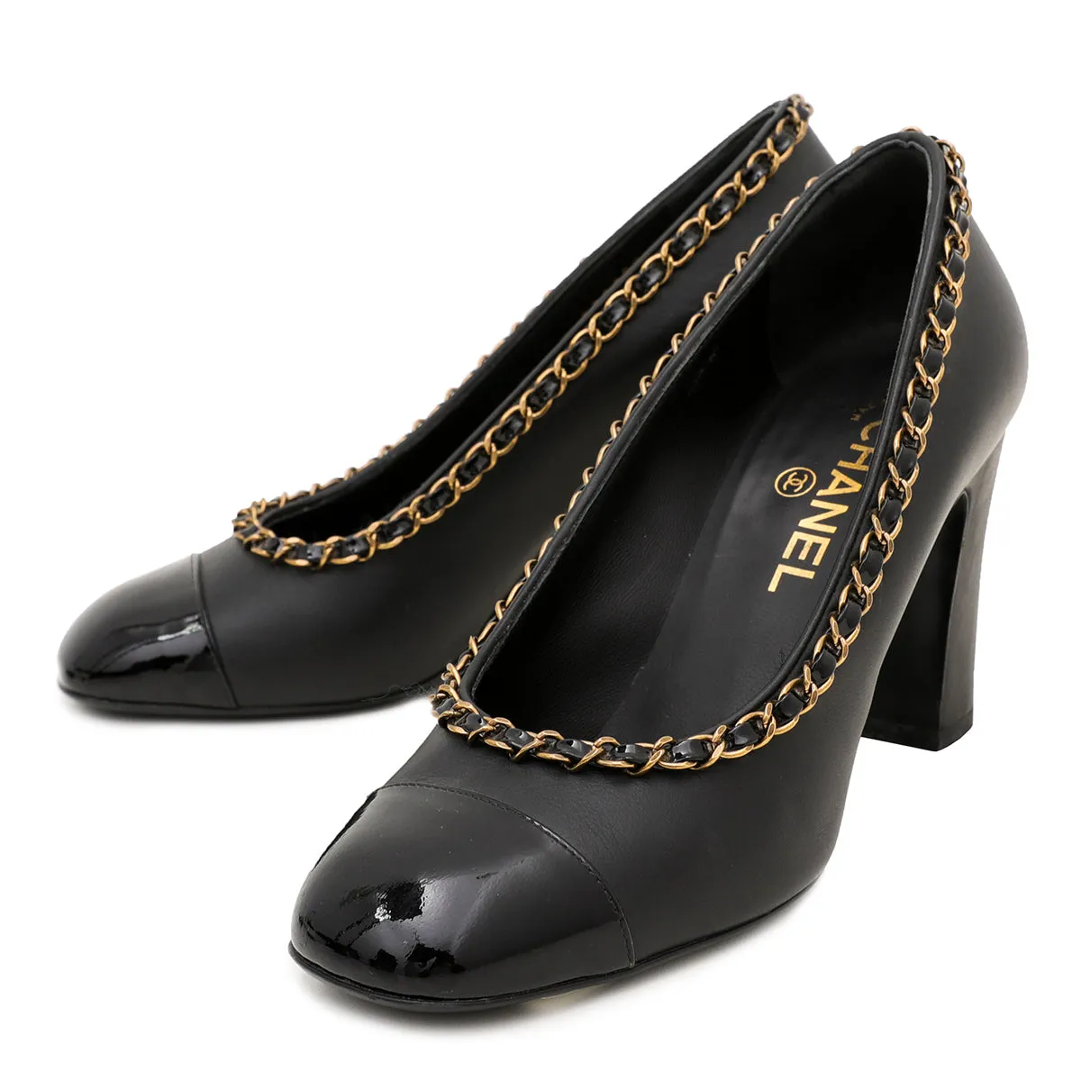 Chanel Black Chain Around Cap Toe Pumps 37.5