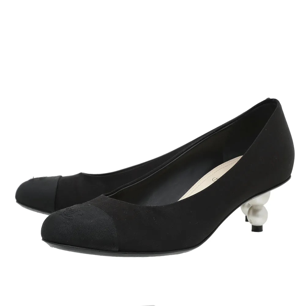 Chanel Black Satin CC Cap Toe Pearl Heel Pumps 37.5