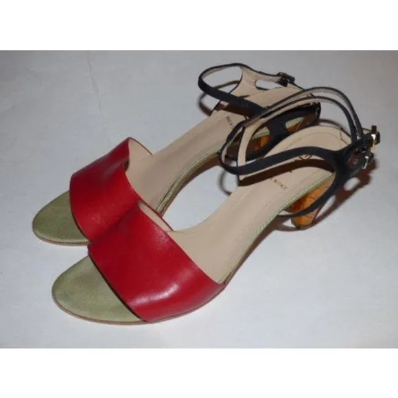 FENDI Red, Black, & Pale Green Leather Sandals with Cork Heels