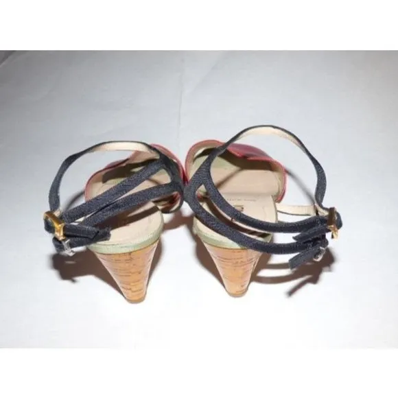 FENDI Red, Black, & Pale Green Leather Sandals with Cork Heels
