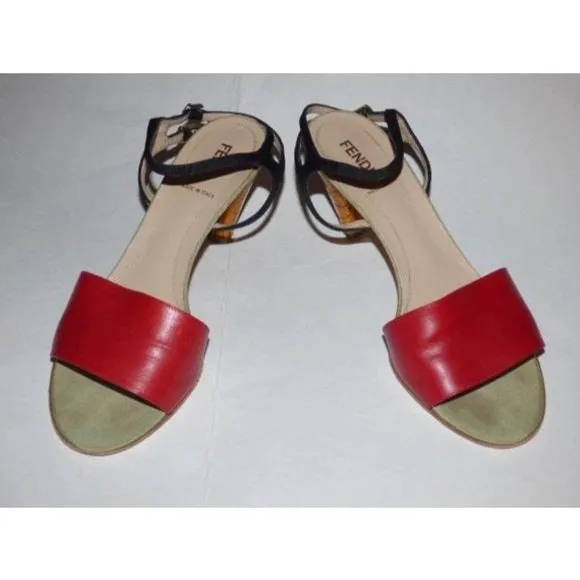 FENDI Red, Black, & Pale Green Leather Sandals with Cork Heels
