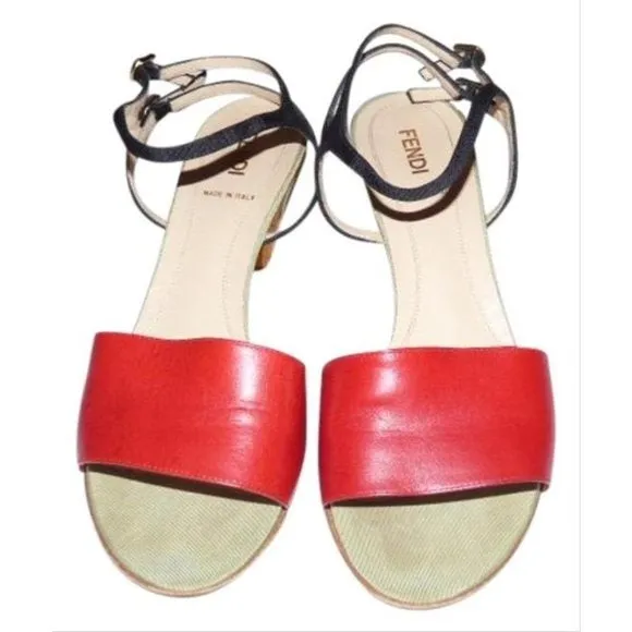 FENDI Red, Black, & Pale Green Leather Sandals with Cork Heels
