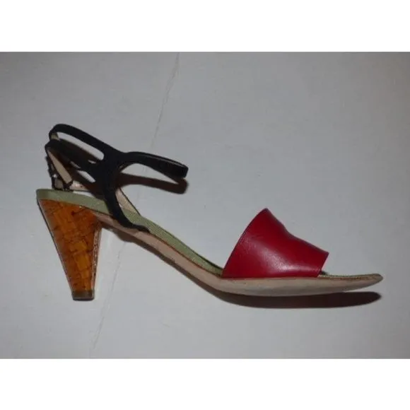FENDI Red, Black, & Pale Green Leather Sandals with Cork Heels