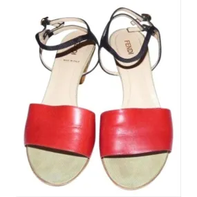 FENDI Red, Black, & Pale Green Leather Sandals with Cork Heels