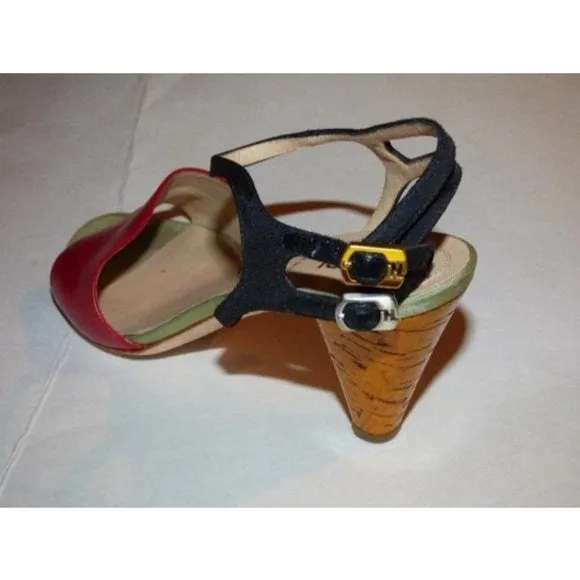 FENDI Red, Black, & Pale Green Leather Sandals with Cork Heels