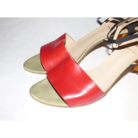 FENDI Red, Black, & Pale Green Leather Sandals with Cork Heels