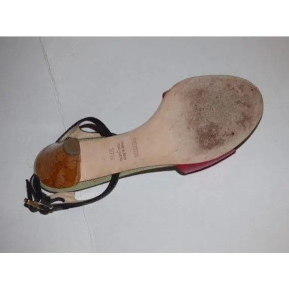 FENDI Red, Black, & Pale Green Leather Sandals with Cork Heels