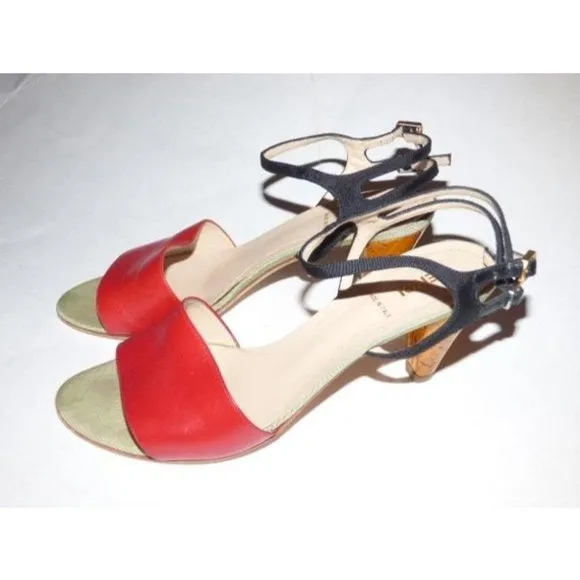 FENDI Red, Black, & Pale Green Leather Sandals with Cork Heels