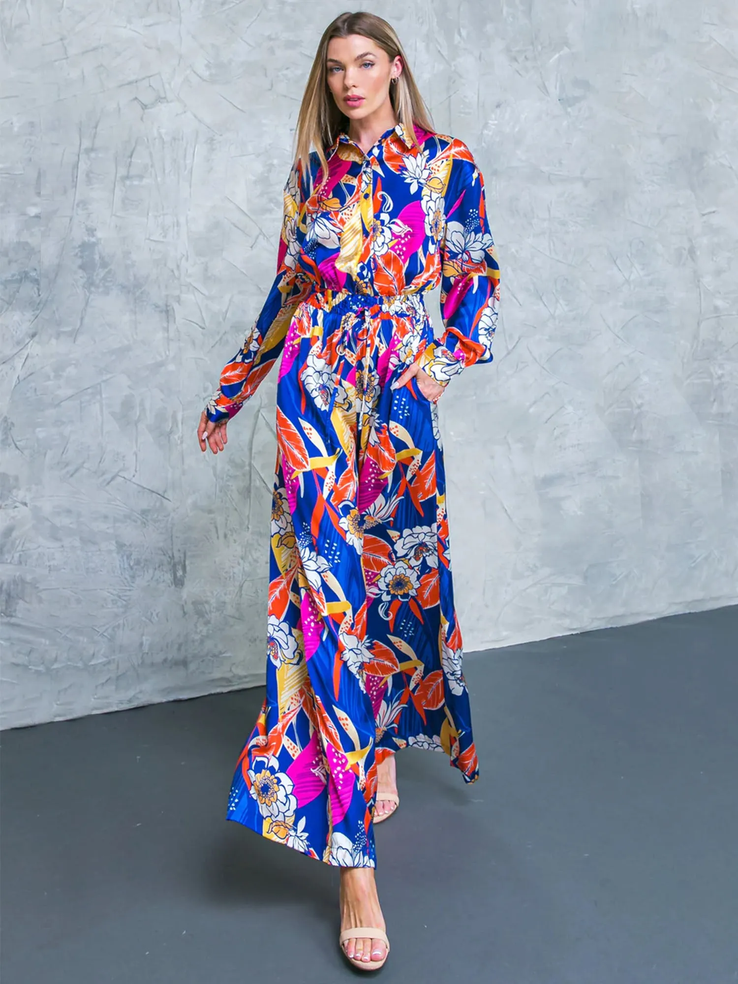 Flying Tomato Long Sleeve Collared Leaf Print Satin Jumpsuit - Brands We Love