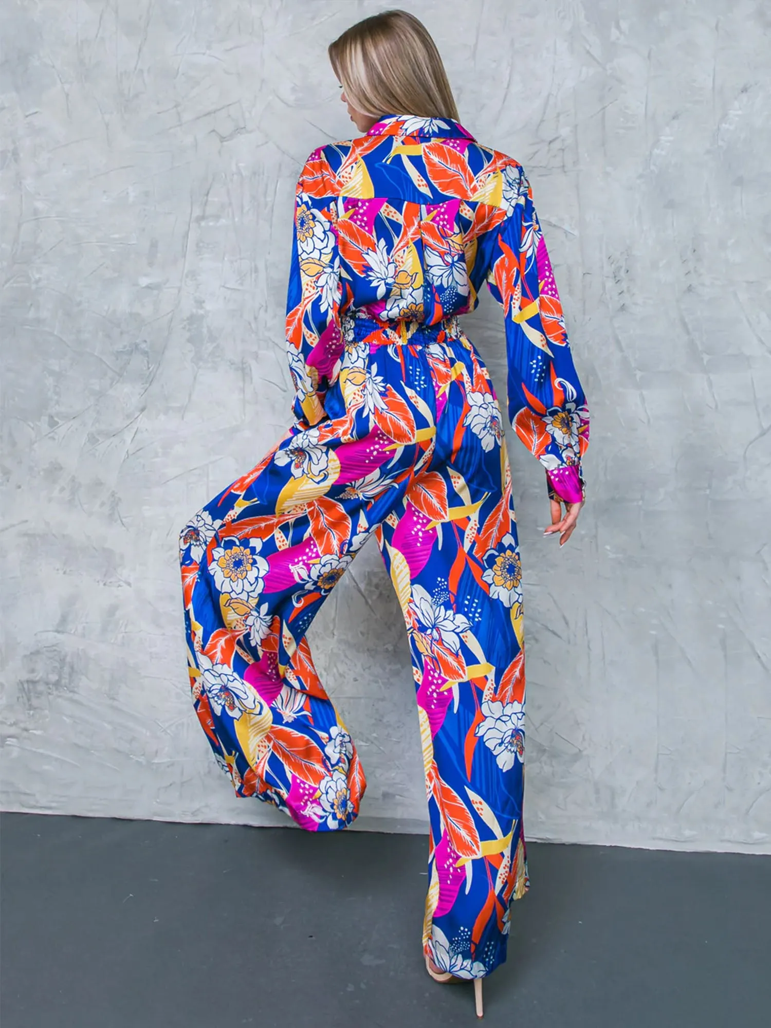 Flying Tomato Long Sleeve Collared Leaf Print Satin Jumpsuit - Brands We Love