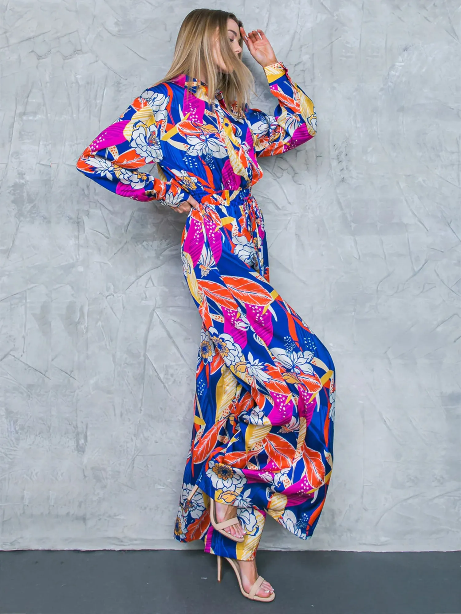 Flying Tomato Long Sleeve Collared Leaf Print Satin Jumpsuit - Brands We Love