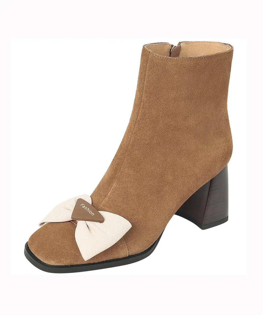 French Square Toe Thick Heel Bow Splicing Brown Suede Boots ML1719