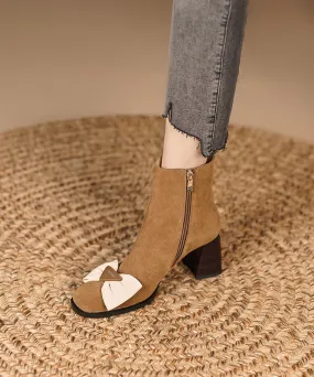 French Square Toe Thick Heel Bow Splicing Brown Suede Boots ML1719