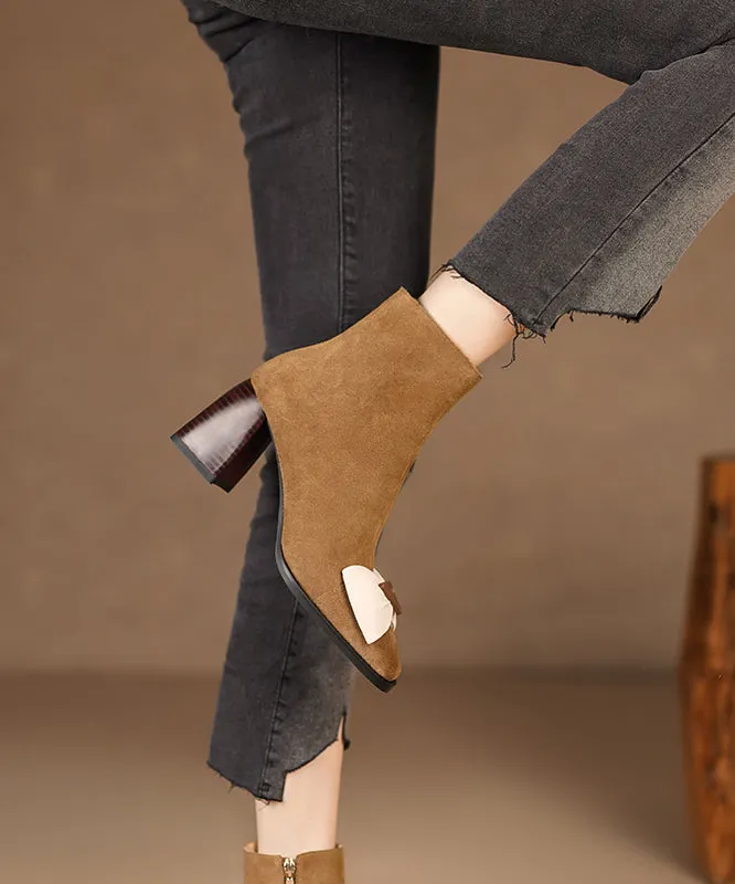 French Square Toe Thick Heel Bow Splicing Brown Suede Boots ML1719