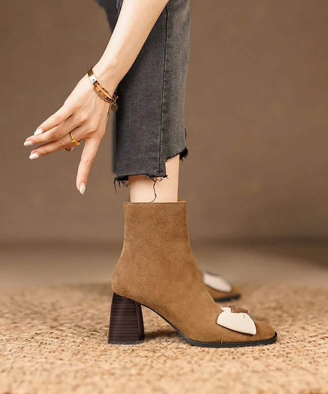 French Square Toe Thick Heel Bow Splicing Brown Suede Boots ML1719