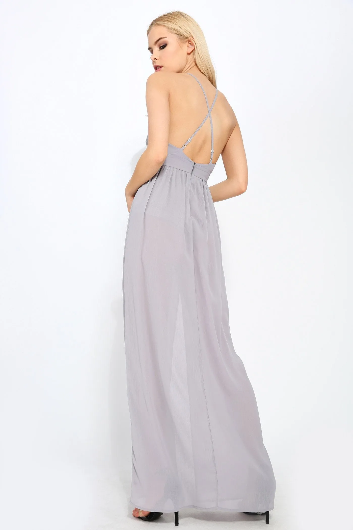 Grey Plunge Neck Strappy Maxi Dress