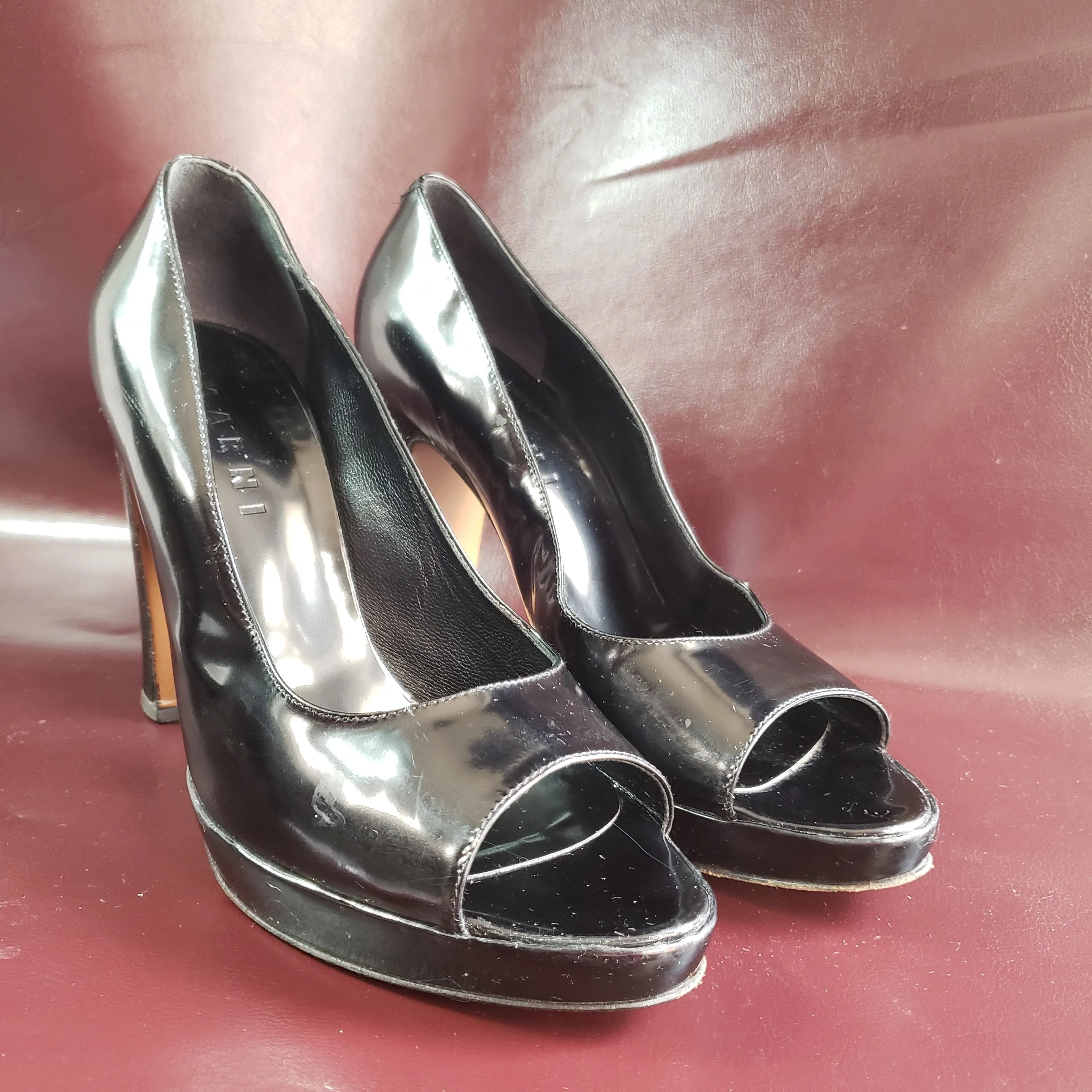 Marni Black Patent Leather Peeptoe Pumps Size 40