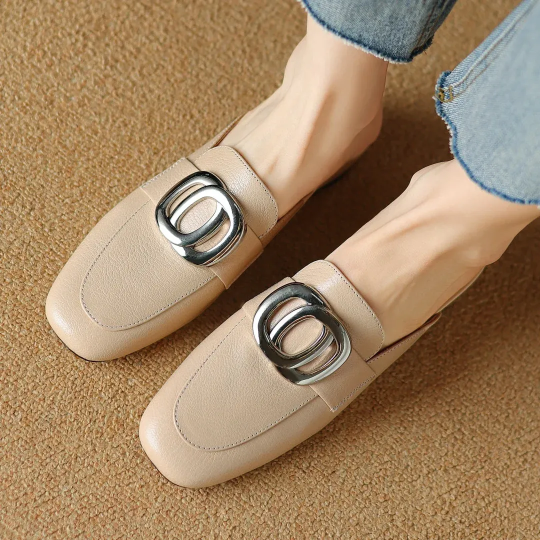 Plus size 34-41 women's genuine leather square toe slip-on flats summer mules metal buckle decoration casual female sandals shoe