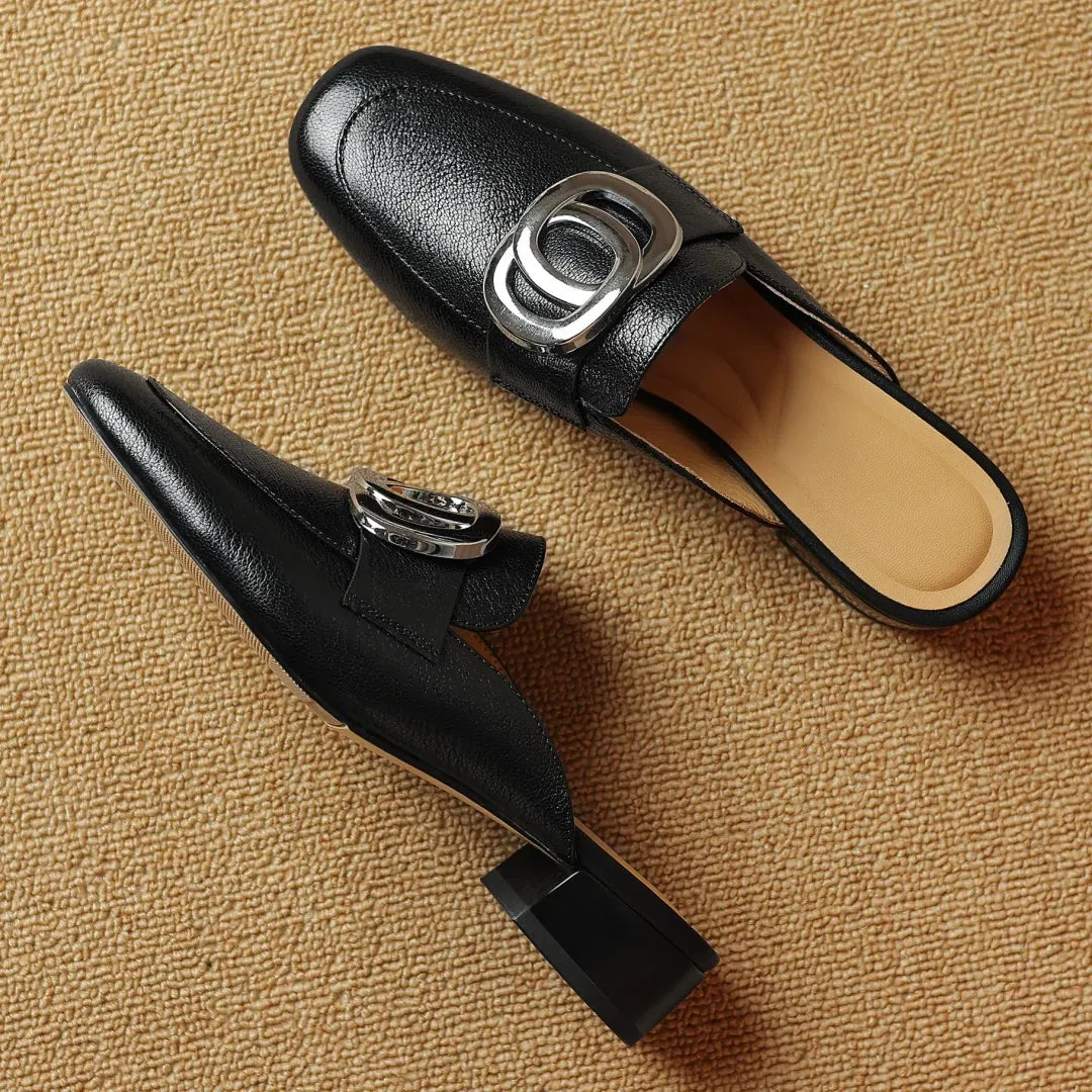 Plus size 34-41 women's genuine leather square toe slip-on flats summer mules metal buckle decoration casual female sandals shoe
