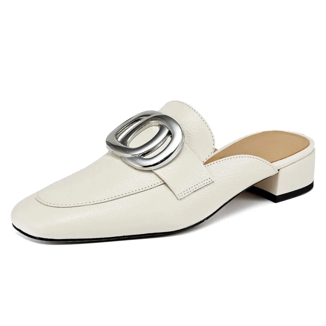 Plus size 34-41 women's genuine leather square toe slip-on flats summer mules metal buckle decoration casual female sandals shoe