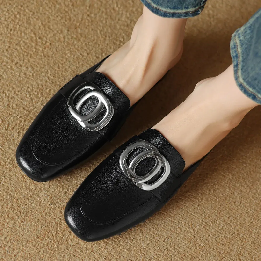 Plus size 34-41 women's genuine leather square toe slip-on flats summer mules metal buckle decoration casual female sandals shoe