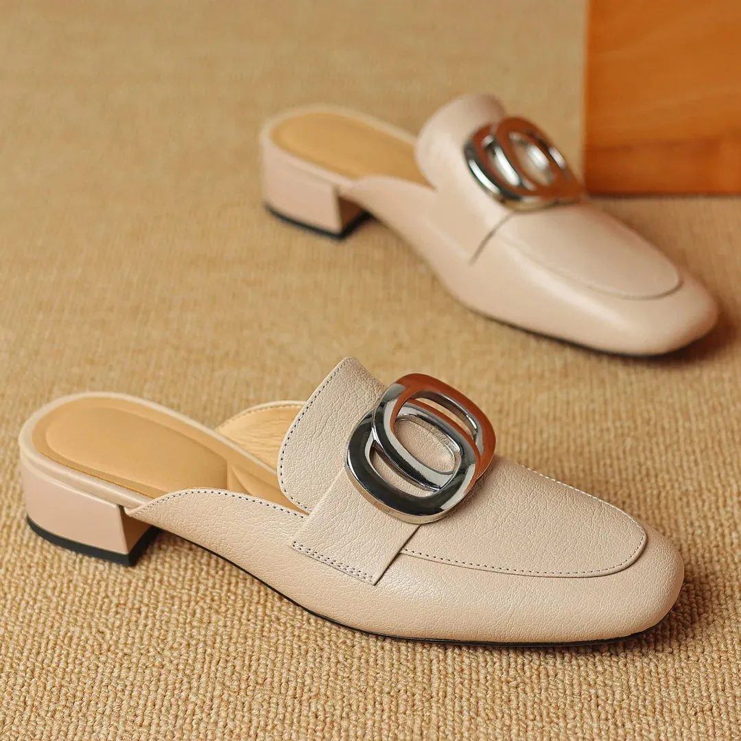Plus size 34-41 women's genuine leather square toe slip-on flats summer mules metal buckle decoration casual female sandals shoe