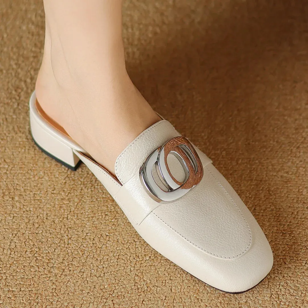 Plus size 34-41 women's genuine leather square toe slip-on flats summer mules metal buckle decoration casual female sandals shoe