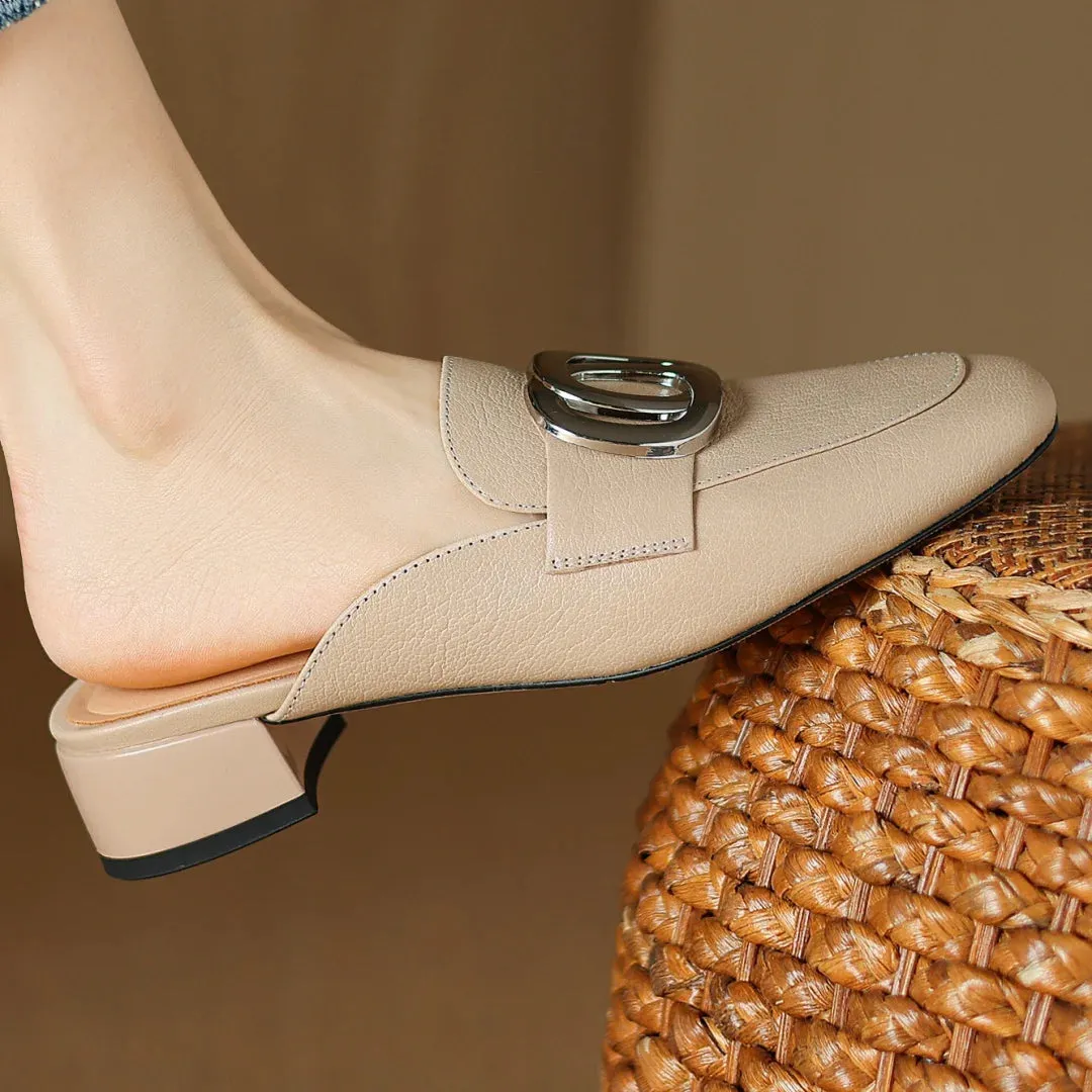 Plus size 34-41 women's genuine leather square toe slip-on flats summer mules metal buckle decoration casual female sandals shoe