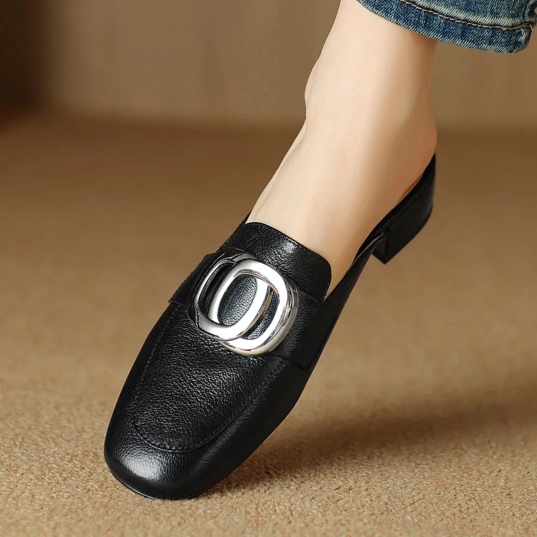 Plus size 34-41 women's genuine leather square toe slip-on flats summer mules metal buckle decoration casual female sandals shoe