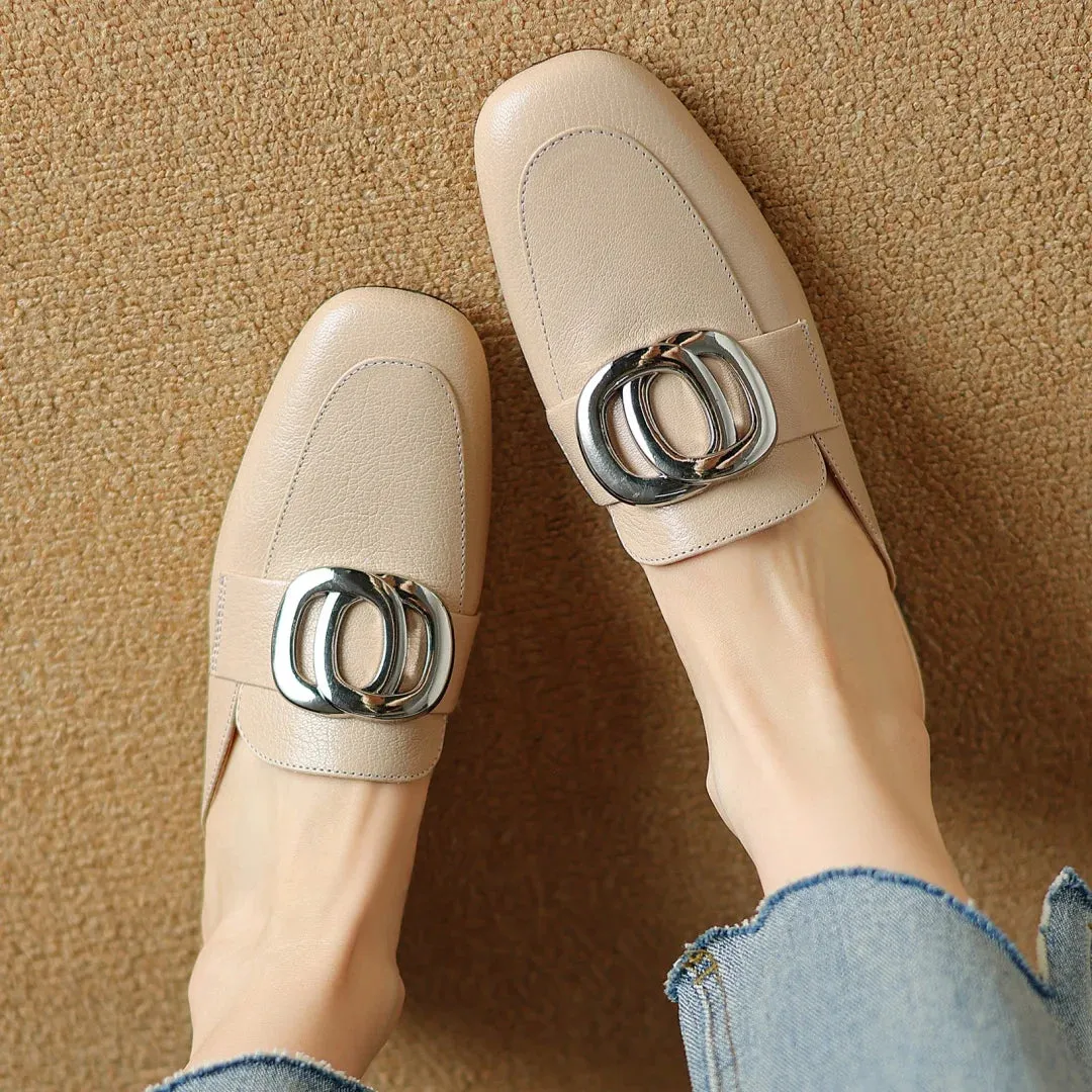 Plus size 34-41 women's genuine leather square toe slip-on flats summer mules metal buckle decoration casual female sandals shoe